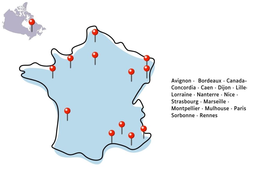 carte des lieux d'ateliers de l'UOH en France et au Canada, liste : Avignon, Bordeaux, Canada-Concordia, Caen, Dijon, Lille, Lorraine, Nanterre, Nice, Strasbourg, Marseille, Montpellier, Mulhouse, Paris Sorbonne, Rennes