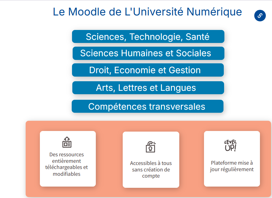Screen de la page "Le Moodle de L'Université Numérique" sur le support de l'atelier, elle est organisée en différents blocs reprenant la structure du Moodle